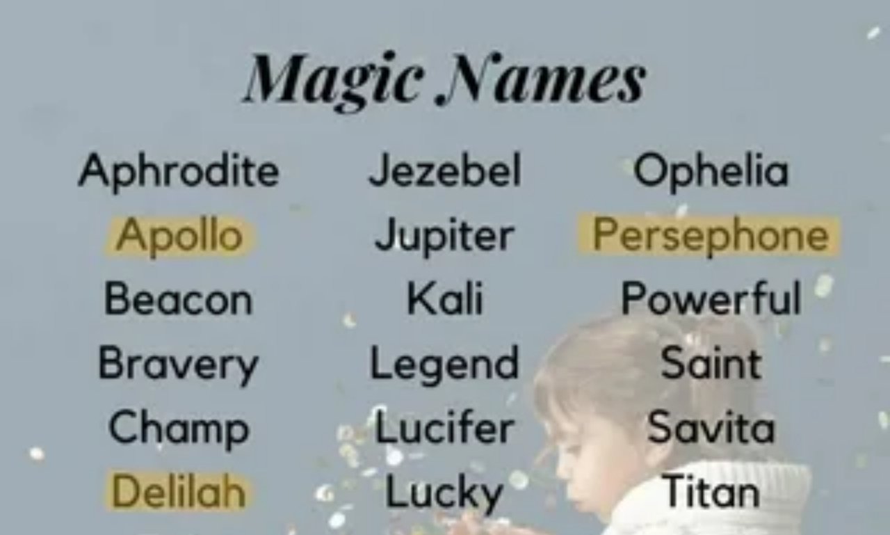 Magical names including Apollo, Delilah, Jezebel, Jupiter and Persephone