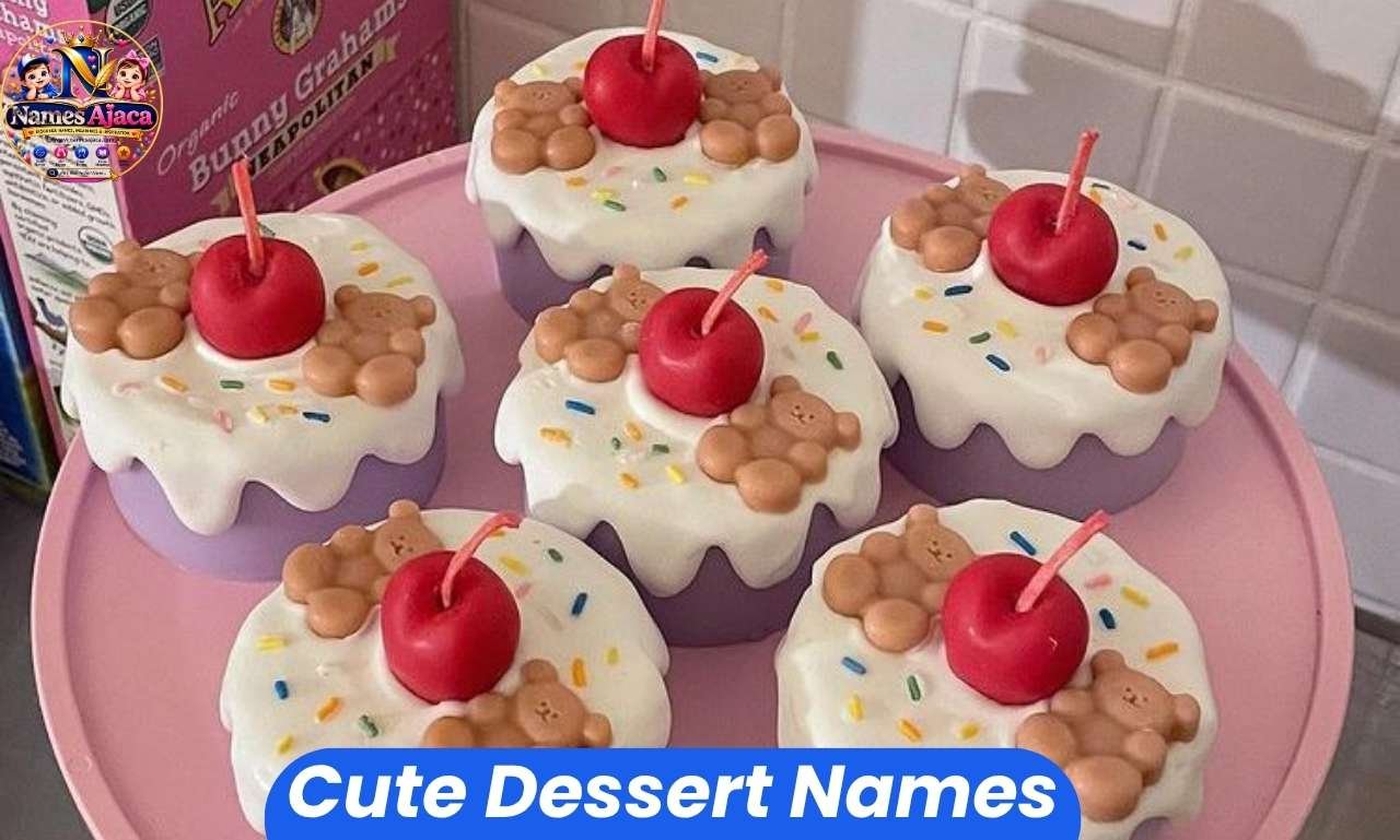 Cute dessert names featuring adorable cupcakes, cookies, cakes, colorful sweets, and creative dessert name ideas.